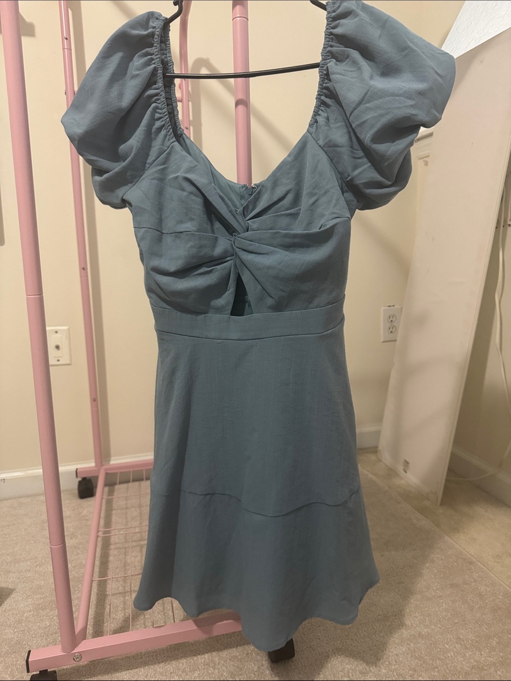 Blue Puff-Sleeve Twist-Front Women's Dress